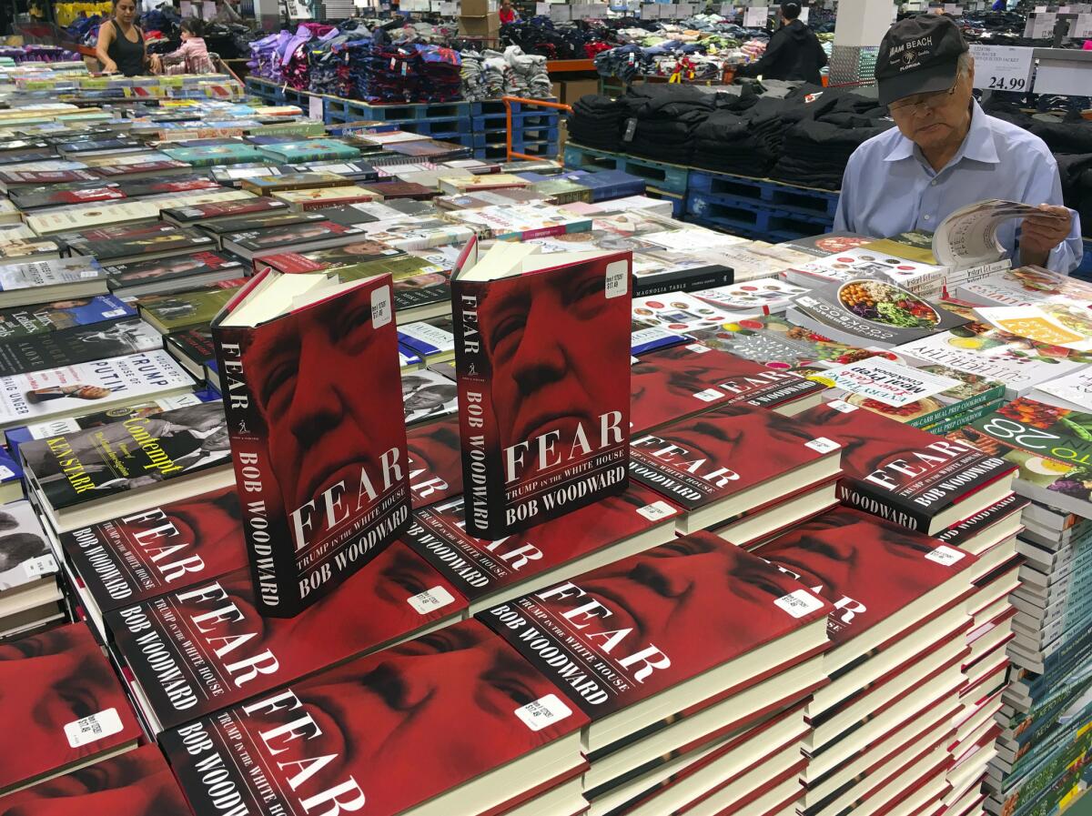 Copies of Bob Woodward's "Fear" appear at Costco in Arlington, Va., Woodward's hottest seller in years.