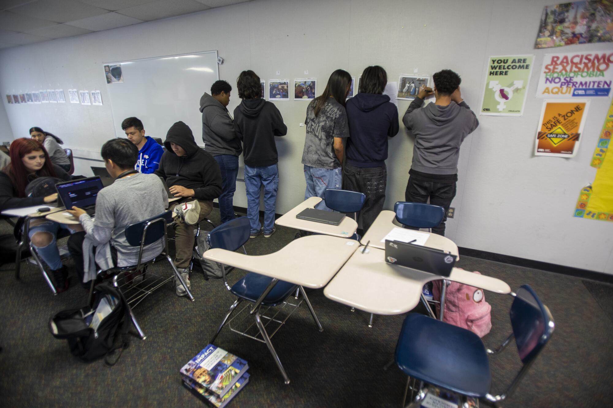 Students taking part in an activity during an ethnic studies class at Firebaugh High School in Lynwood