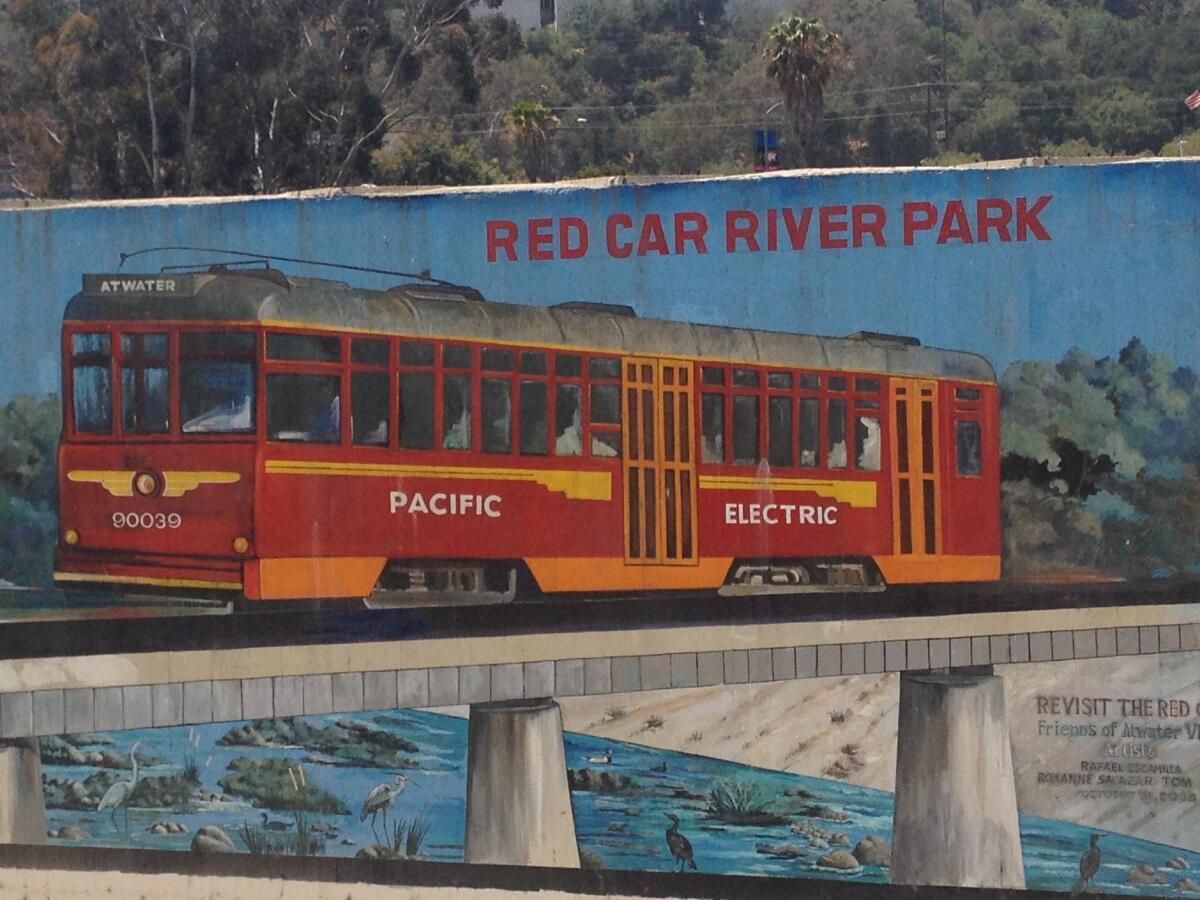 A mural of the Red Car system is displayed in Atwater Village.