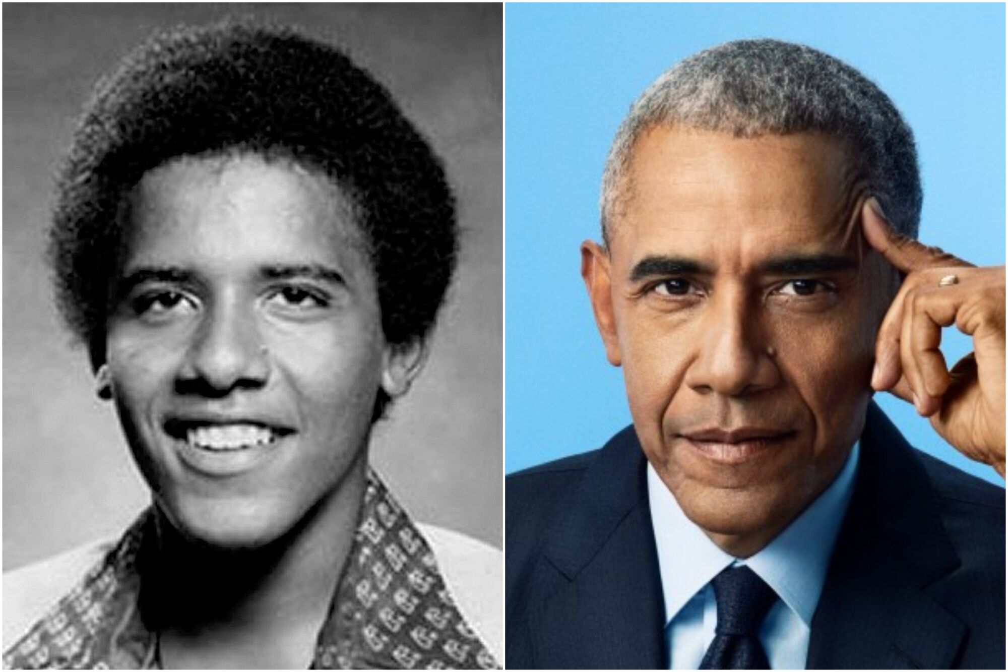 Barack Obama as an arriving Occidental College freshman and as he looks today