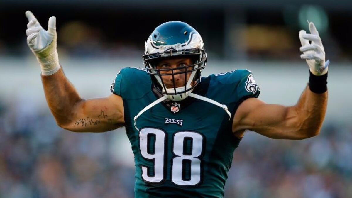 Connor Barwin celebrates after a play last season, when he was with the Philadelphia Eagles. He previously played under Wade Phillips on the Houston Texans. Phillips is now the Rams' defensive coordinator.