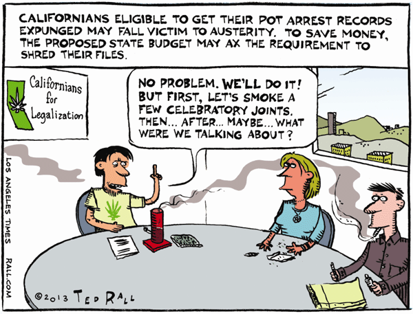 The Golden State has been among the leaders nationally on the marijuana issue. Uncharacteristically, I see both sides of the argument. As a cartoonist, I find the visuals of pot culture hard to resist. RELATED: More Ted Rall cartoons