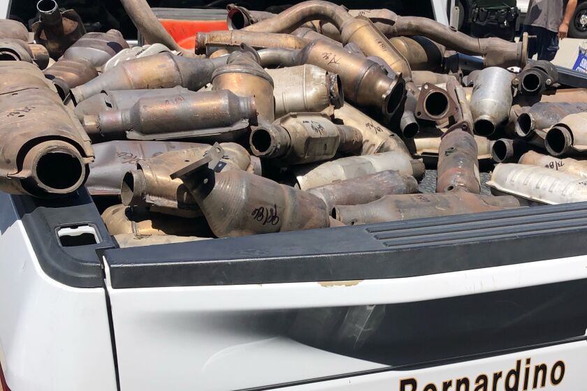 June 2022 photo of 112 catalytic converters seized by the San Bernardino County Sheriff's Dept. across the Inland Empire.