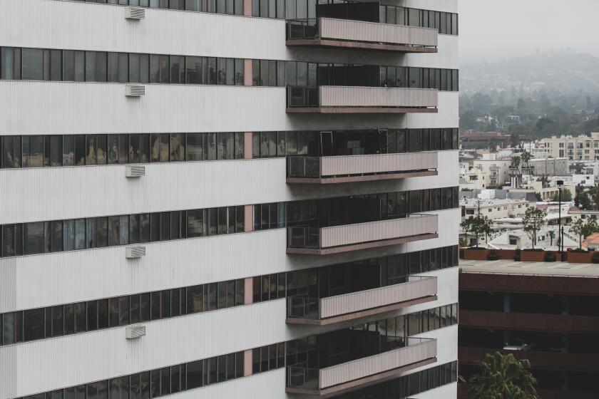 Los Angeles, CA - May 15: The Barrington Plaza where owners have served the residents of 577 occupied rent-controlled units with eviction notices on Monday, May 15, 2023 in Los Angeles, CA. (Jason Armond / Los Angeles Times)