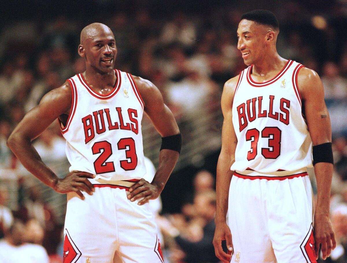 Chicago Bulls teammates Michael Jordan, left, and Scottie Pippen in May 1997.