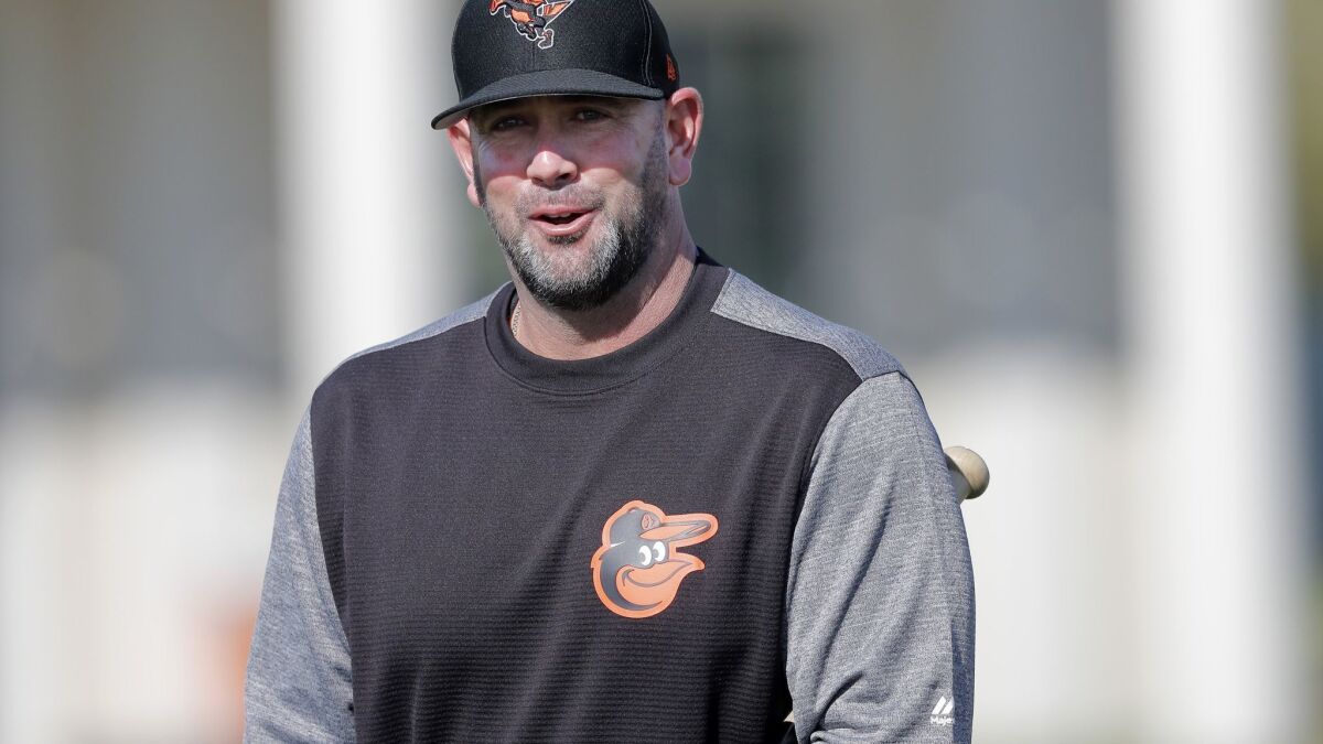 Baltimore Orioles manager Brandon Hyde walks on the field at their spring training baseball facility in Sarasota, Fla., Friday, Feb. 15, 2019.