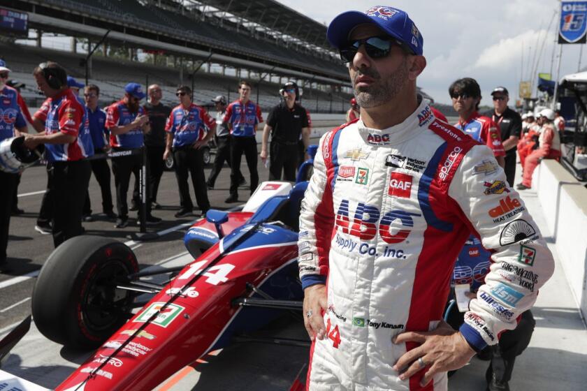 Tony Kanaan, of Brazil, after his run during qualifications for the IndyCar Indianapolis 500 auto race at Indianapolis Motor Speedway, in Indianapolis Saturday, May 19, 2018. (AP Photo/Michael Conroy)