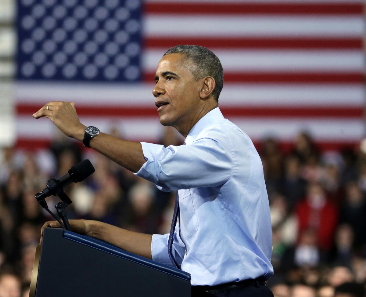 President Barack Obama speaks during a visit to the University of Kansas in Lawrence, Kansas.