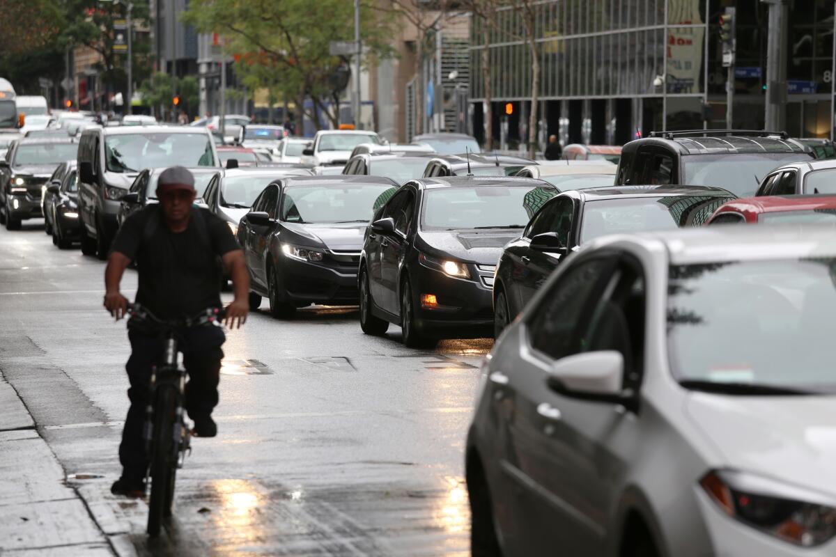 Traffic in downtown Los Angeles was jammed about 5 p.m. Tuesday.