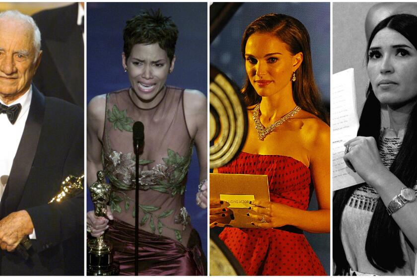 Elia Kazan, from left, Halle Berry, Natalie Portman and Sacheen Littlefeather (Marie Louise Cruz) are among the Oscars' most political speech-makers.