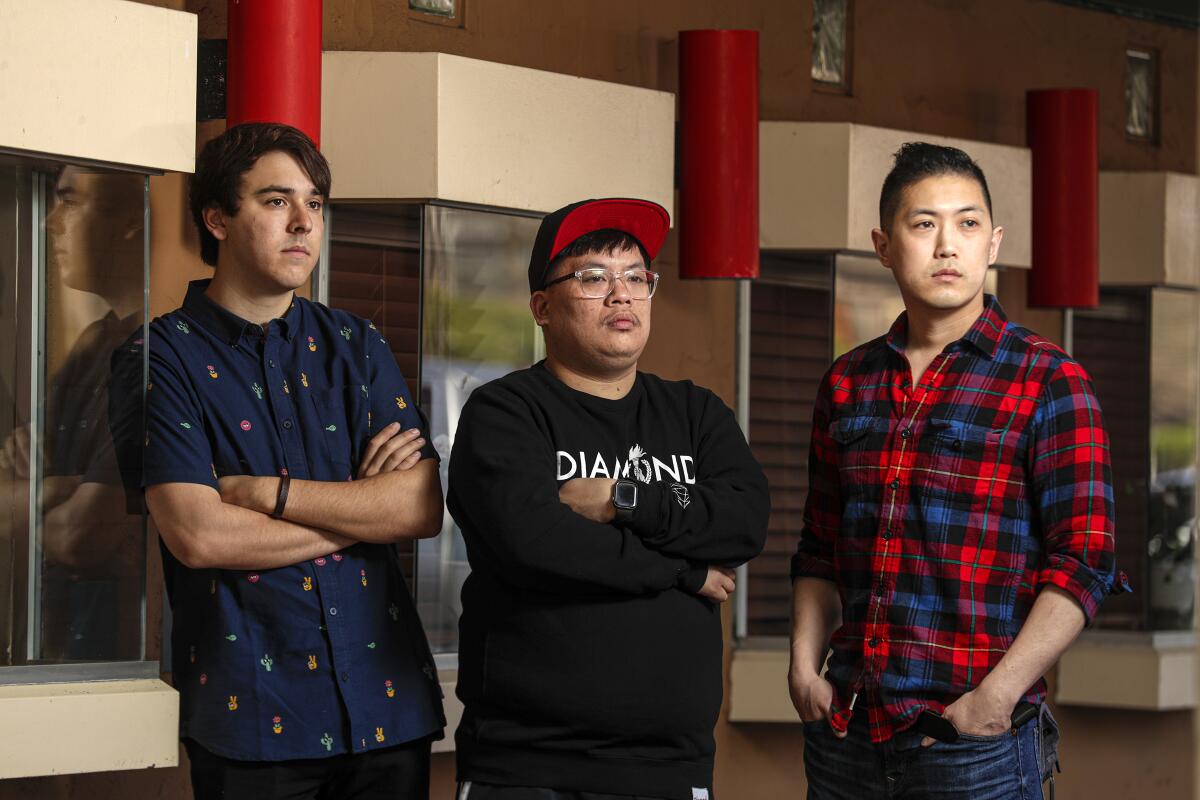 Theadore John Balaschak, left, a former server; Tam Hoang; former head chef; and Richard Chong, a former server and shift leader. All three worked at the Curry House restaurant in Torrance before all locations of the popular chain were abruptly closed in late February.