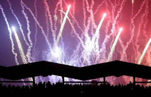 Fireworks light up the sky by Dodger stadium after the Dodgers lost to the Braves.