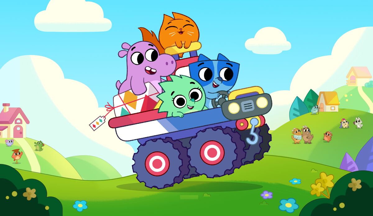 This image released by Guru Studio shows, clockwise from left, Tibor the hippo, Hazel the cat, Axel the raccoon and Suki the hedgehog from the series "Pikwik Pack," premiering two back-to-back episodes, Saturday, November 7, at 8:30 a.m. ET/PT on Disney Junior and in DisneyNOW. (Guru Studio via AP)