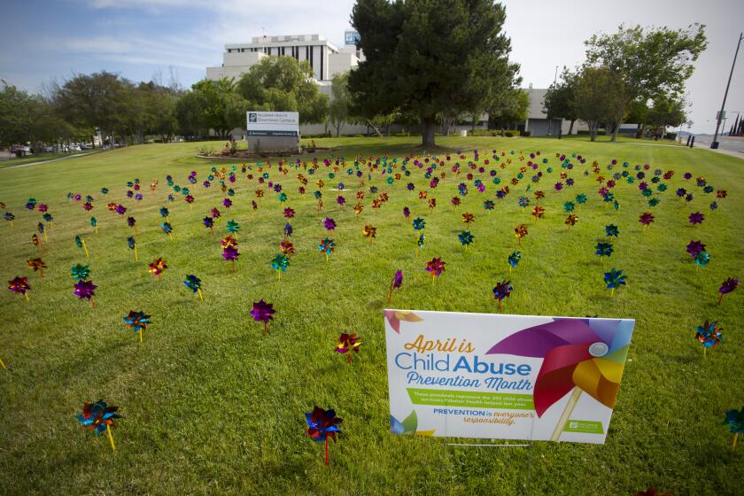 ESCONDIDO, CA-April 5, 2016: | 333 pinwheels are on the lawn of Palomar Hospital's downtown campus in celebration of April being child abuse awareness month. Each of the pinwheels represents a child that is a victim of child abuse and was seen in the last year by the forensic health unit at the hospital. | (Howard Lipin / San Diego Union-Tribune)