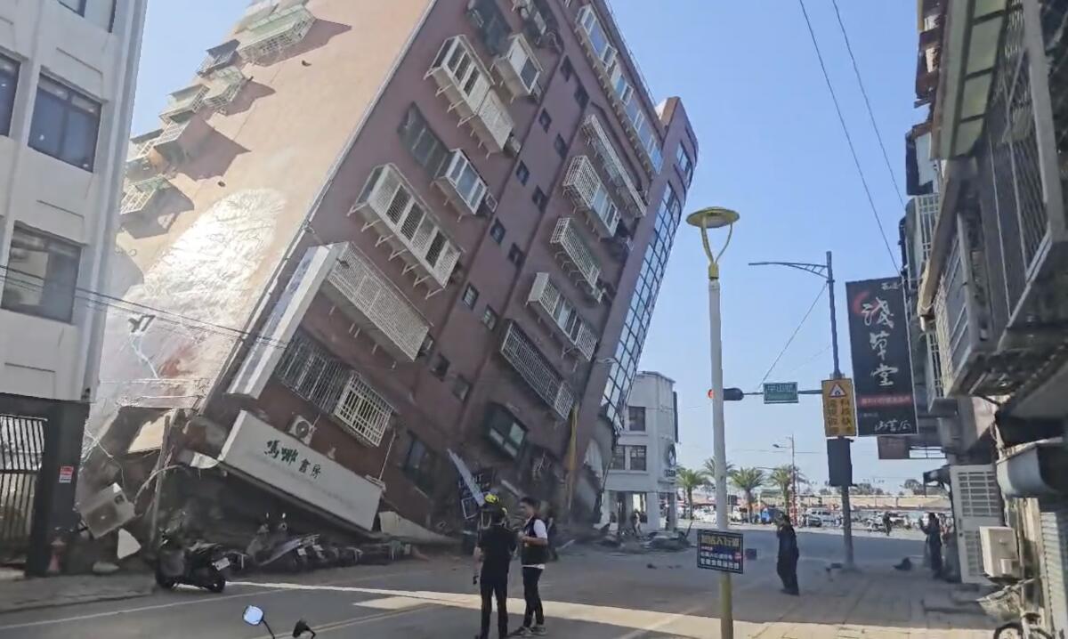A partially collapsed building leans over in eastern Taiwan.