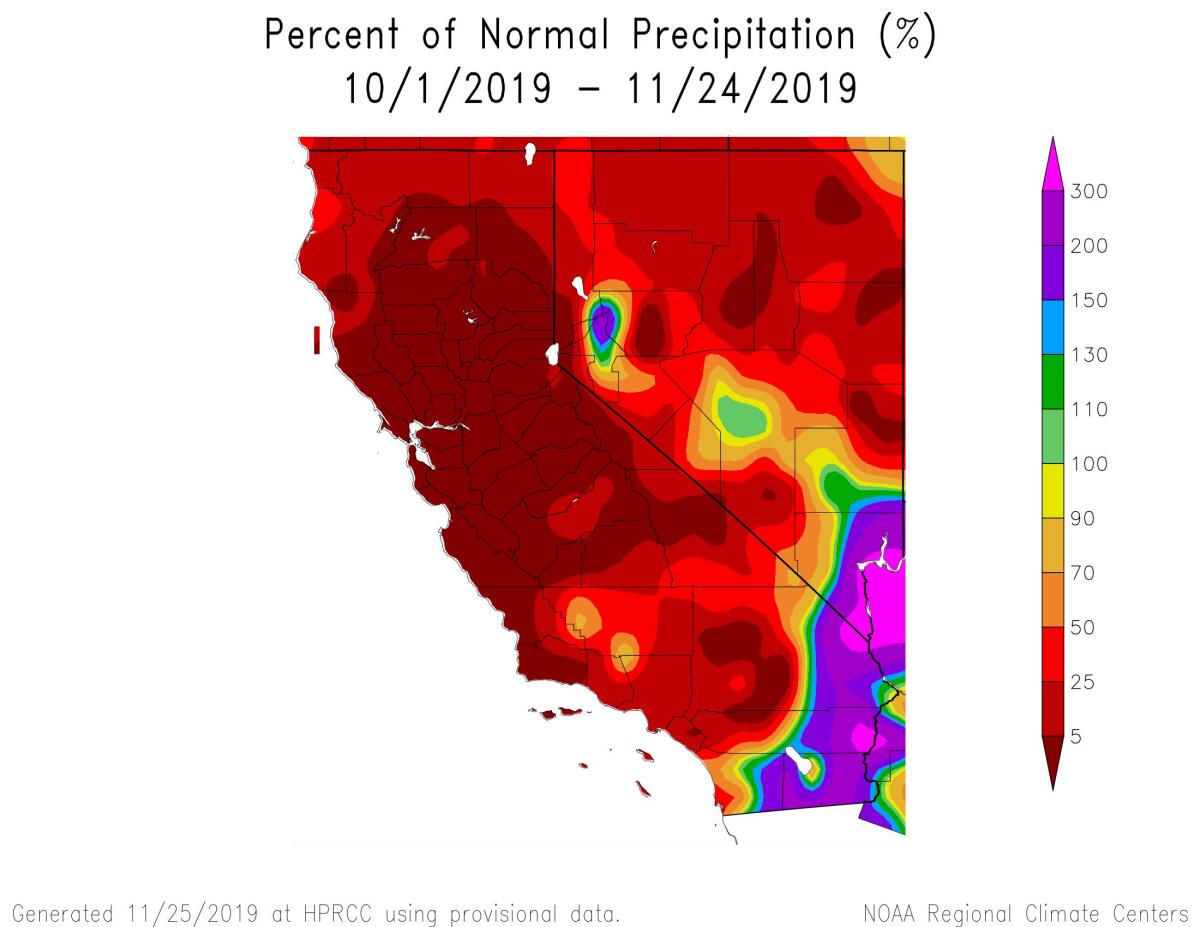 A large section of California is at or near record low rainfall for the first eight weeks of the water year, which began Oct. 1.