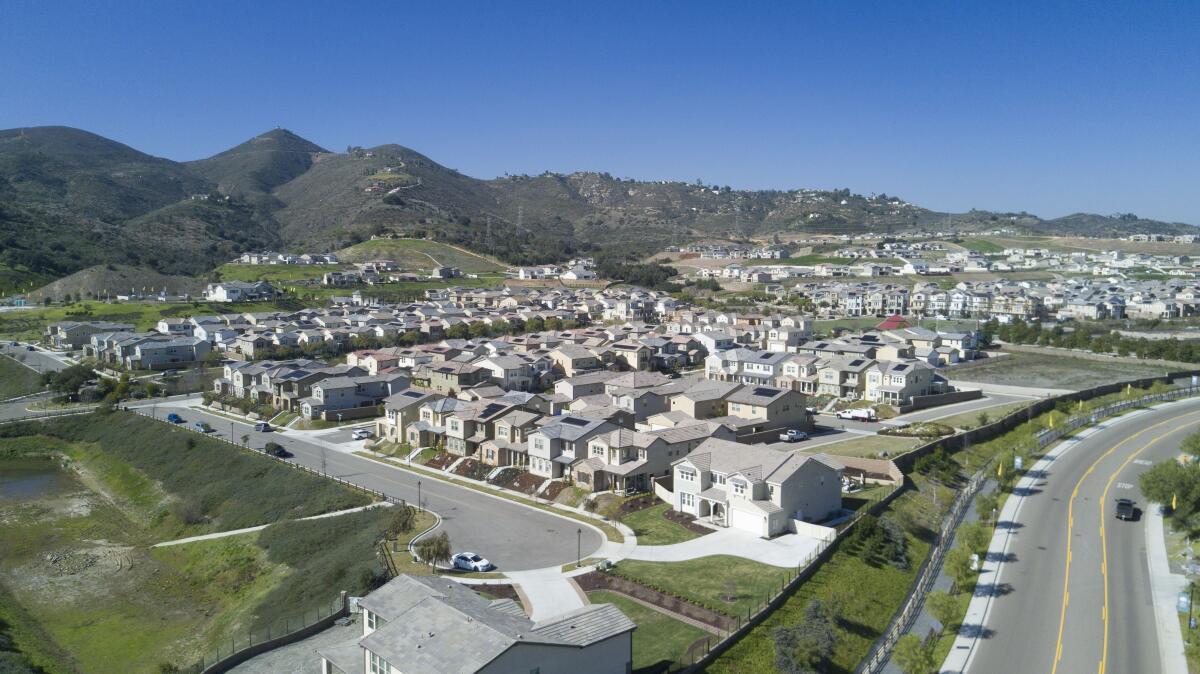 An aerial view of houses in the Harmony Grove Village development in Escondido.