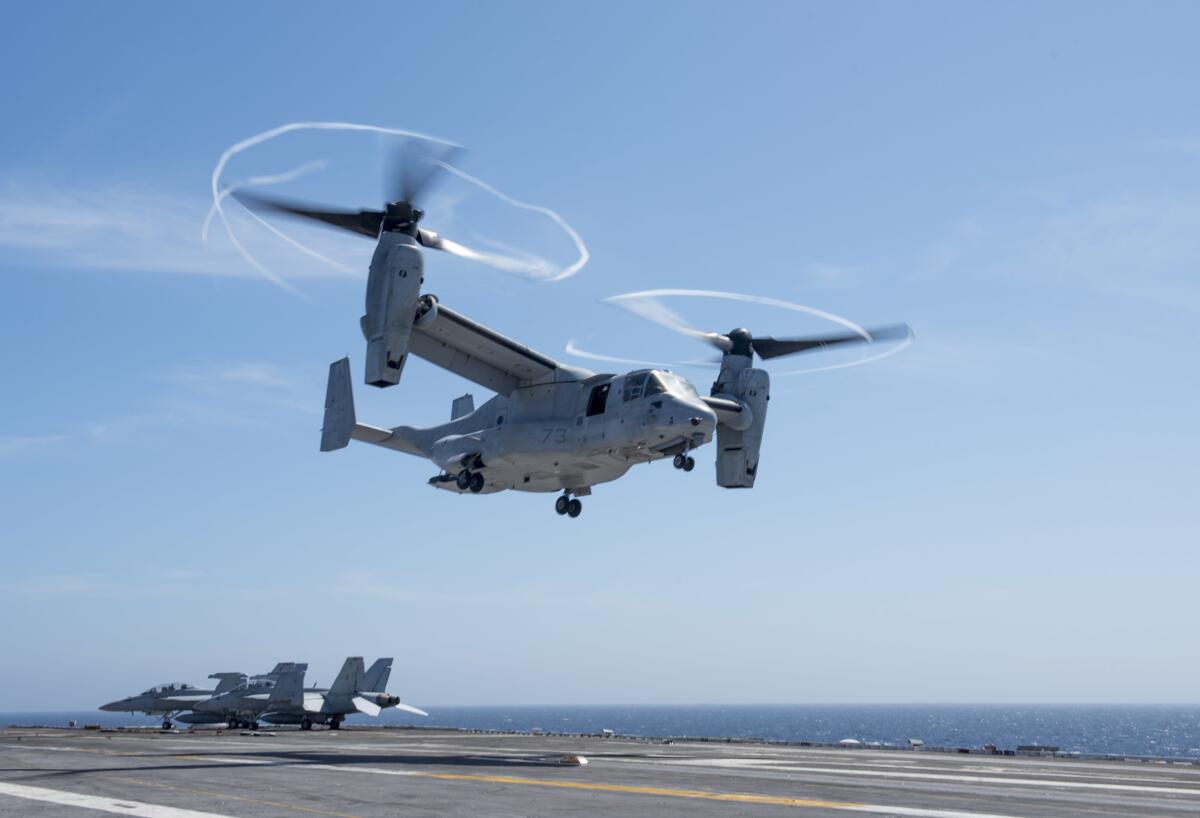 An MV-22 Osprey, takes off from the aircraft carrier George H.W. Bush in 2018.