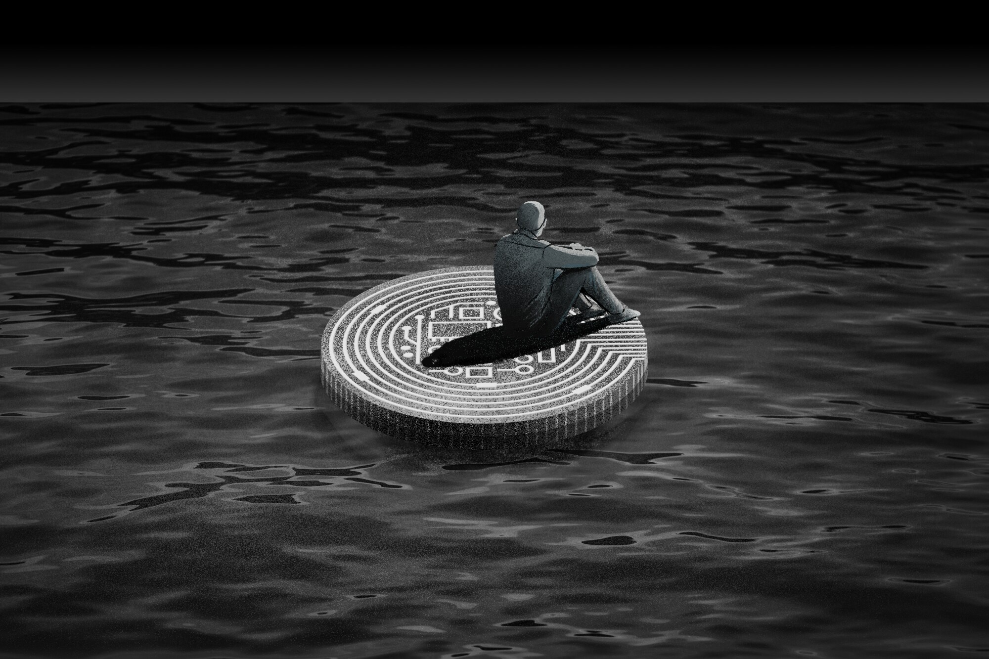 Illustration of a figure sitting on a crypto coin floating alone in a dark sea.