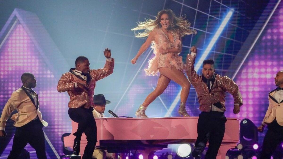 Jennifer Lopez performs a Motown tribute during the 61st Grammy Awards at Staples Center in Los Angeles.