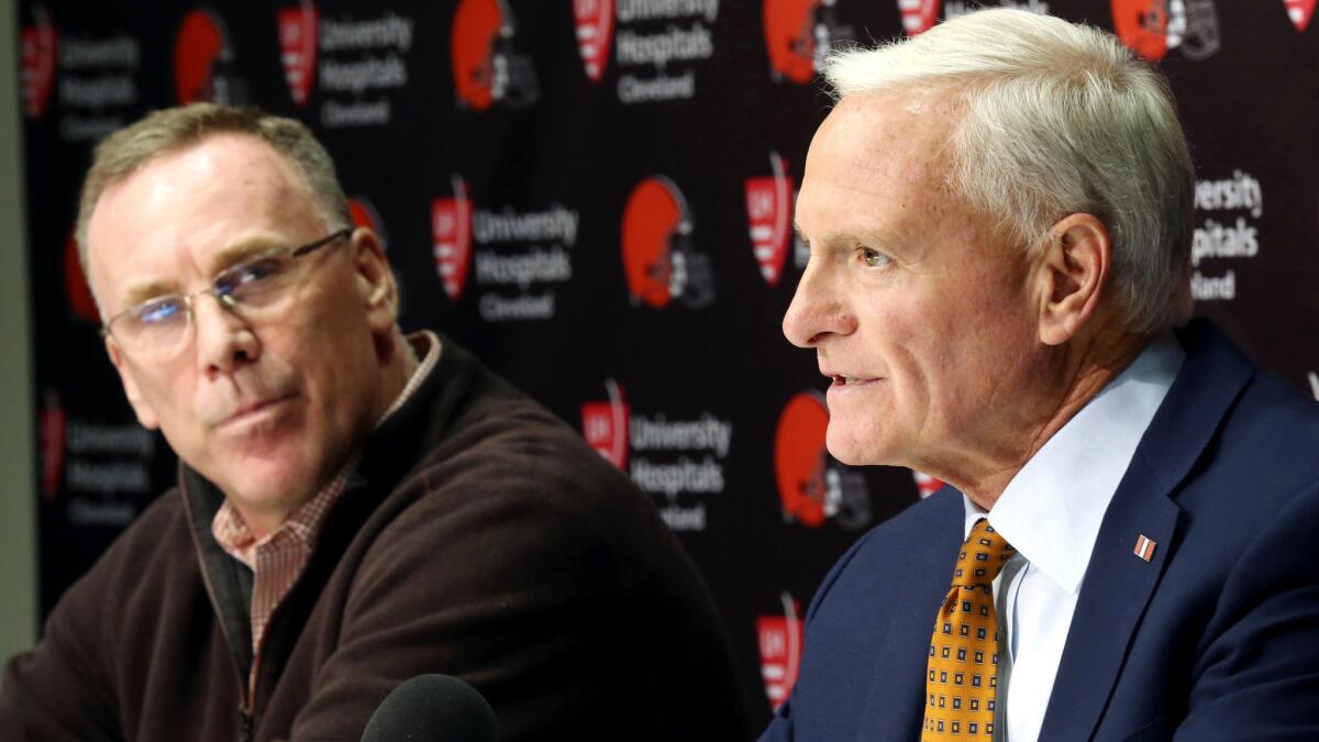 Cleveland Browns owner Jimmy Haslam, right, introduces John Dorsey as the team's new general manager during a news conference on Friday.