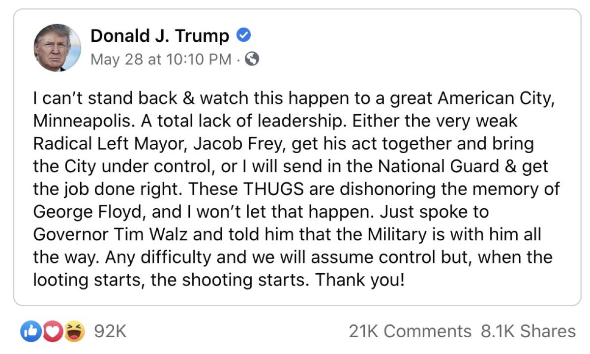 Facebook left Trump's post threatening "shooting" online without comment or blocking...