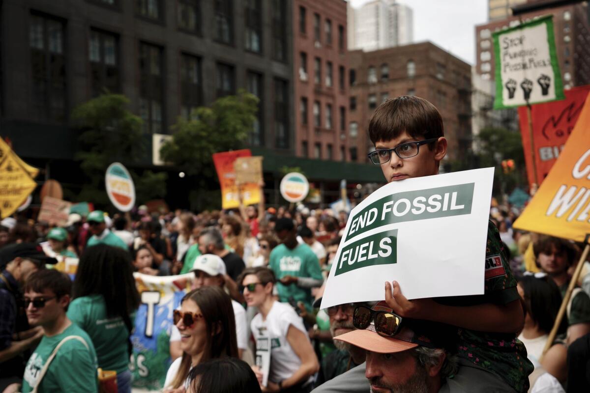 A young protester in crowd holds sign that reads "End fossil fuels" 