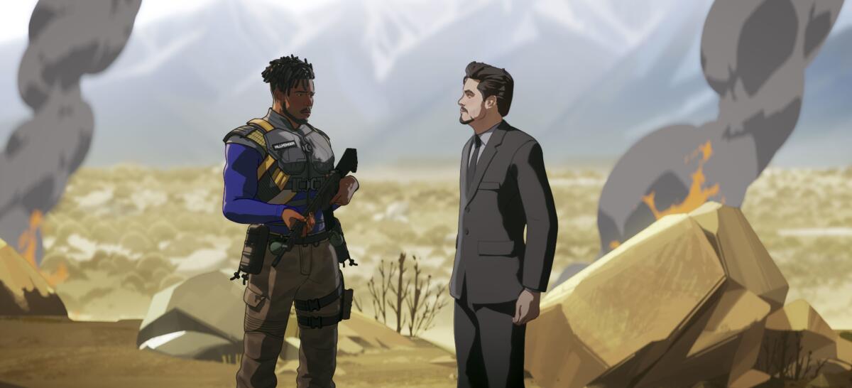 Two men face each other amid ruins in a scene from Marvel's animated "What If ...?"