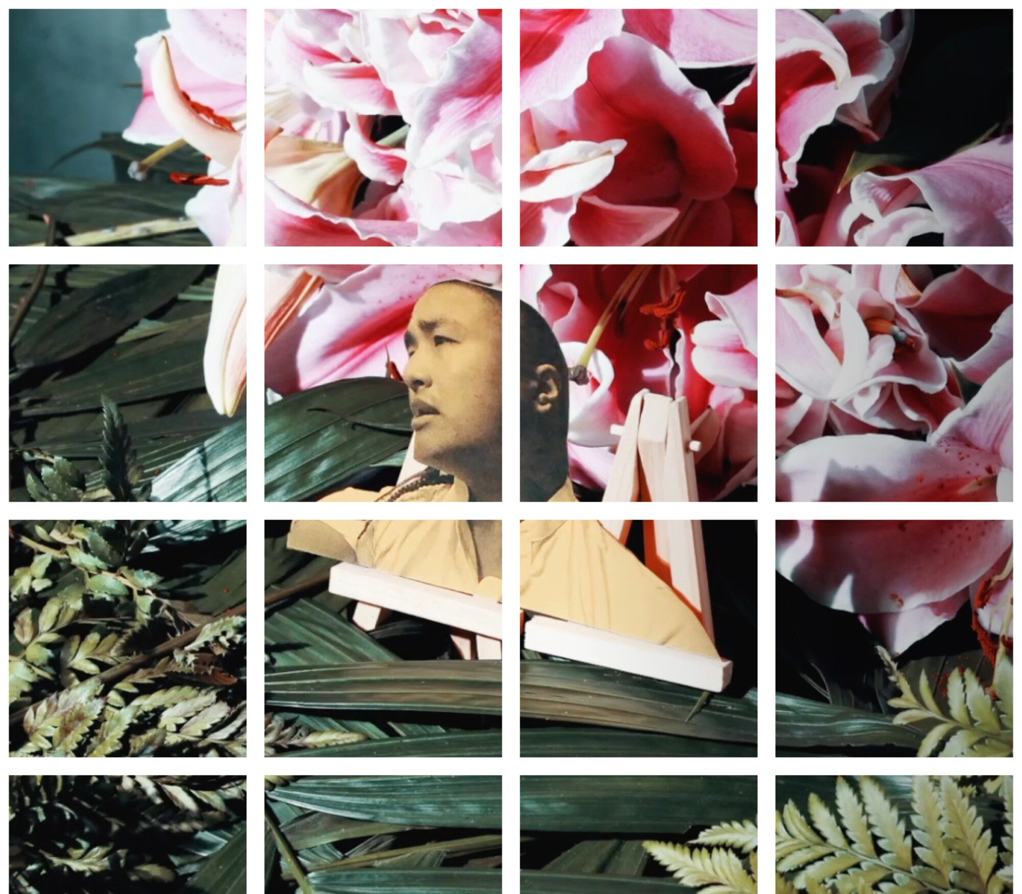 Obra de quadrados de grade com cabeça de homem entre flores cor de rosa e folhagens.