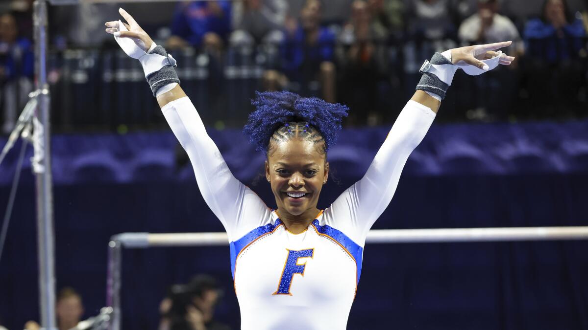Florida's Trinity Thomas competes on the uneven bars during a meet against Georgia on Jan. 27 in Gainesville, Fla. 