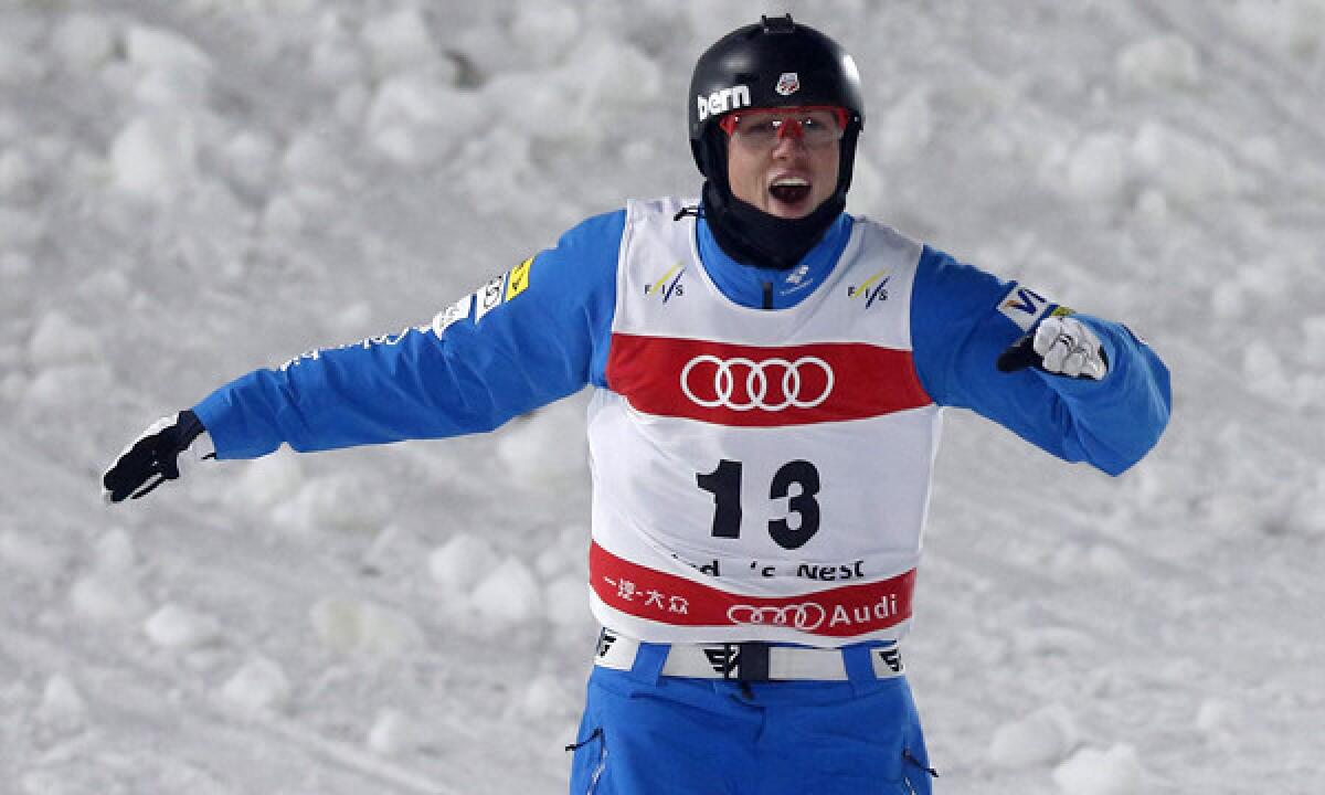 American Dylan Ferguson reacts following an aerials run at a freestyle skiing World Cup event in Beijing in December. Ferguson might not be able to totally describe what he can do in the air, but he can certainly pull it off.