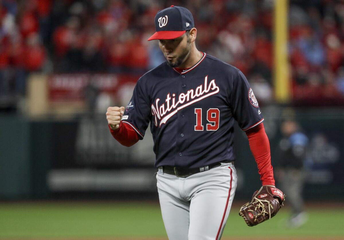 Nationals right-hander Anibal Sanchez reacts after getting out of the sixth inning Oct. 11, 2019.