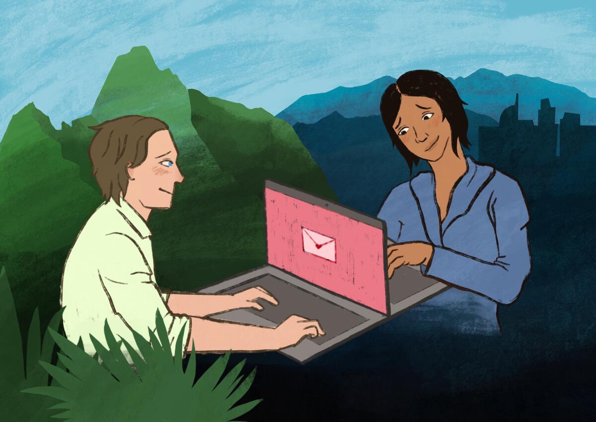 A man and a woman type on back-to-back laptops. His background is green mountains, hers is blue skyscrapers and hills. 