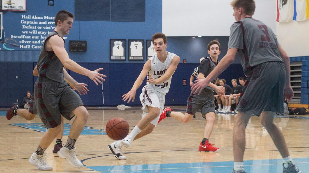 Laguna Beach's Charlie Rounaghi passes the ball against Rancho Mirage on Monday. Rounaghi had eight points and eight rebounds.