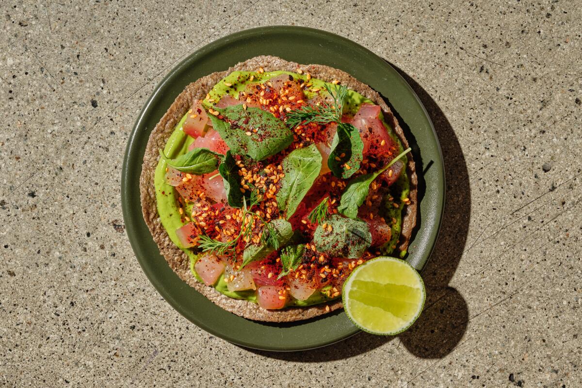 Los Angeles, CA (Downtown, Arts District) - SEPTEMBER 26: Fish tartare tostada from Damian on Friday, September 23, 2022 in Los Angeles, CA. (Shelby Moore / For The Times)