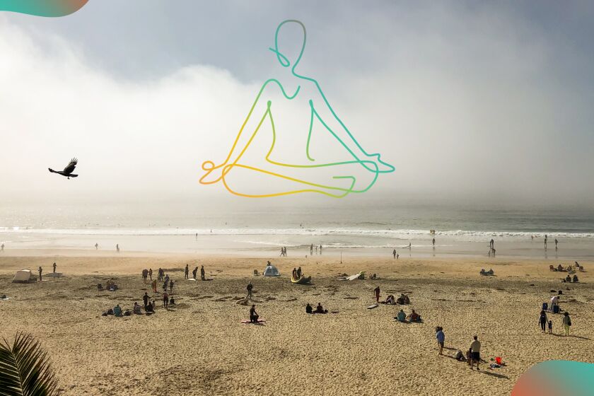Salt Creek Beach in Dana Point with illustration of person in a yoga pose.