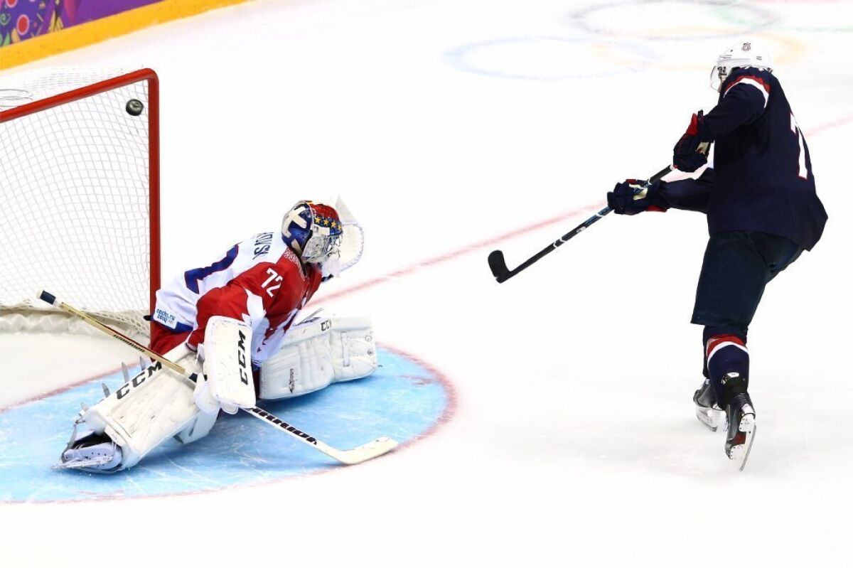 T.J. Oshie beats Russian goalie Sergei Bobrovski to score the game-winning goal for the U.S. in the eighth shootout period.