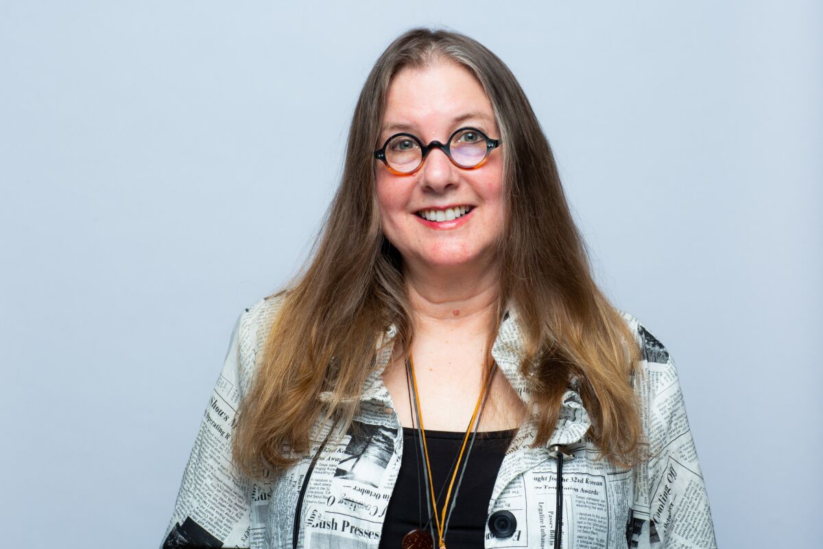 Author Janet Fitch in the L.A. Times Festival of Books photo studio April 13 at USC. Her latest book is “Chimes of a Lost Cathedral.”
