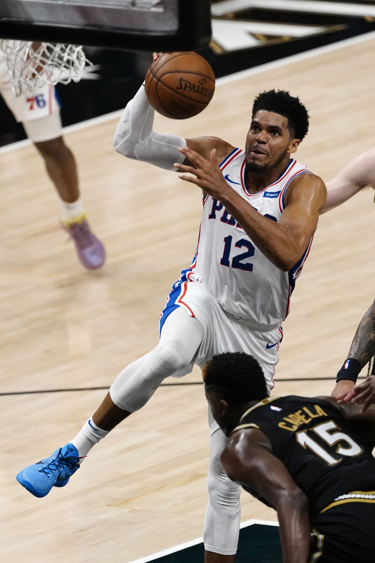 Philadelphia 76ers forward Tobias Harris drives to the basket during a playoff game against Atlanta in June.
