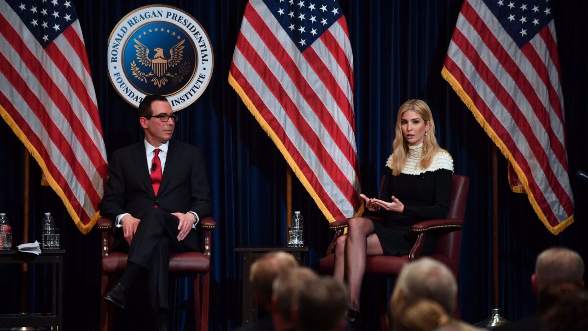 Treasury Secretary Steven T. Mnuchin and Ivanka Trump, shown Sunday in Simi Valley, spoke to a Newport Beach gathering Monday in support of the GOP's tax reform plan.