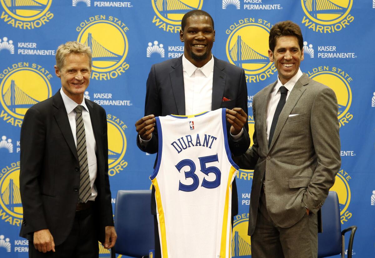Kevin Durant gives Warriors coach Steve Kerr, left, and General Manager Bob Myers another All-Star.