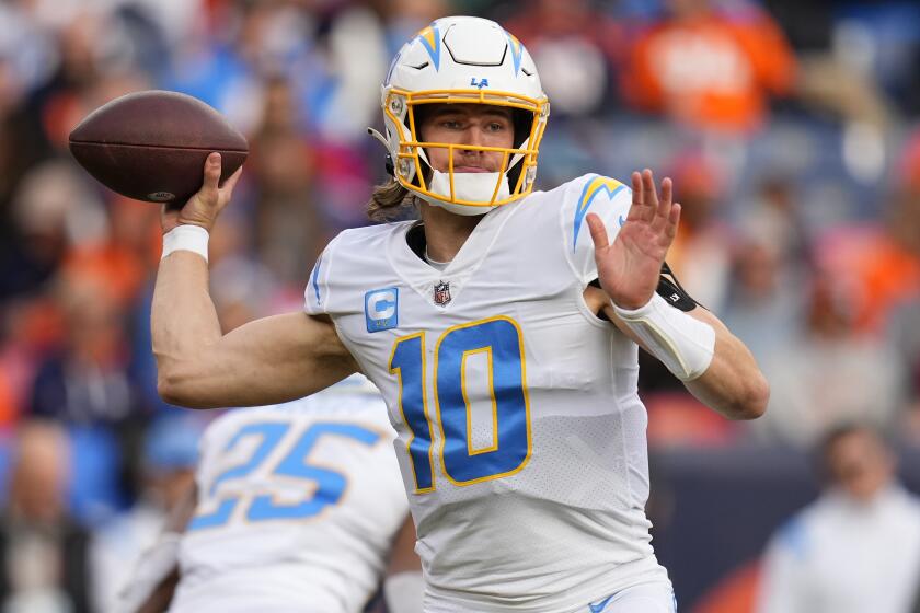 Los Angeles Chargers quarterback Justin Herbert (10) during an NFL football game.