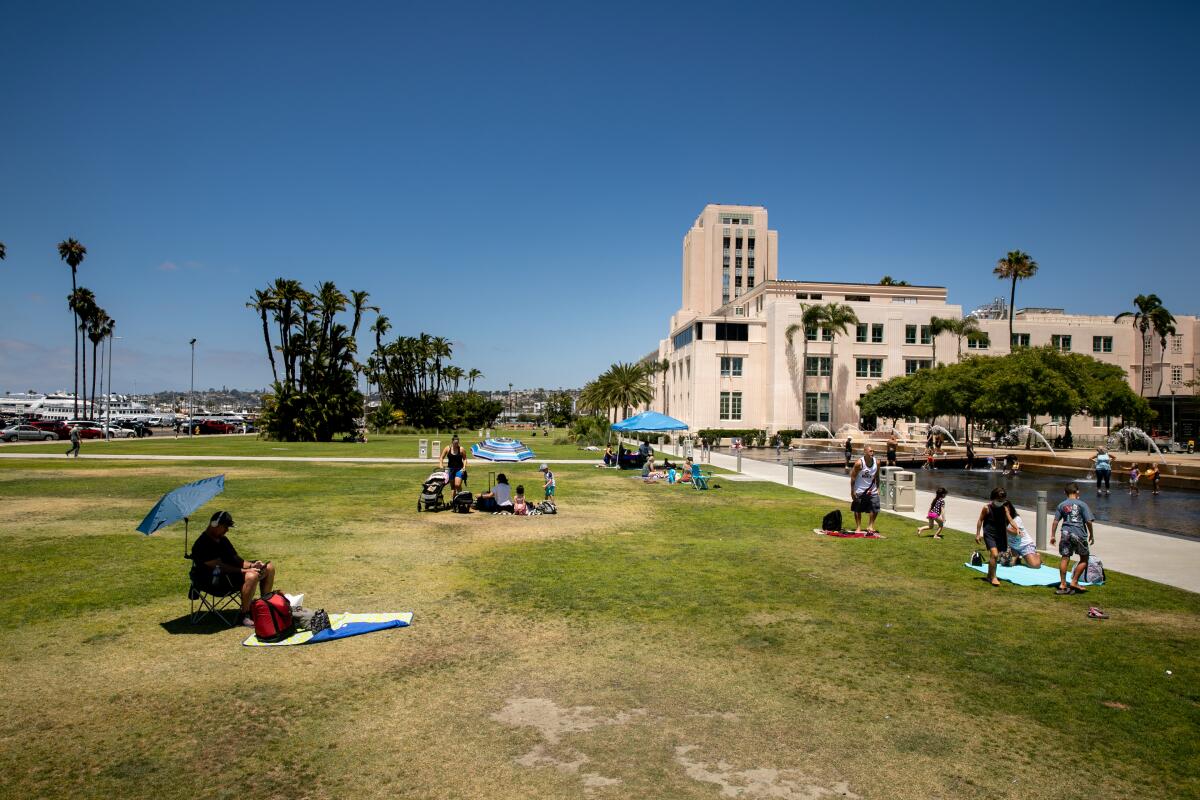People take in the sun at San Diego County's Waterfront Park last August. 