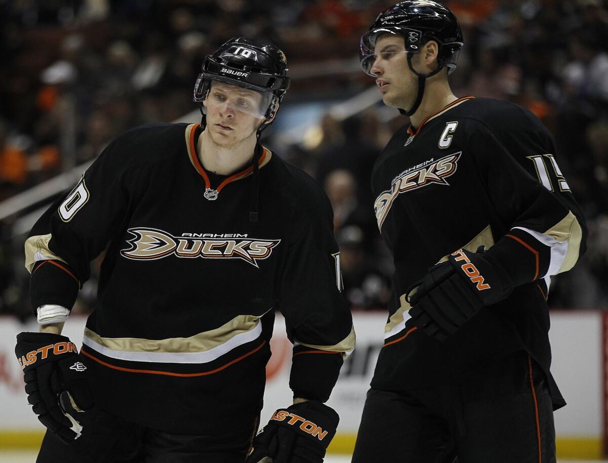 Ducks forwards Corey Perry, left, and Ryan Getzlaf played emerging roles in the team's 2007 Stanley Cup championship, and the duo aims to lead the team to another Stanley Cup triumph in the future.