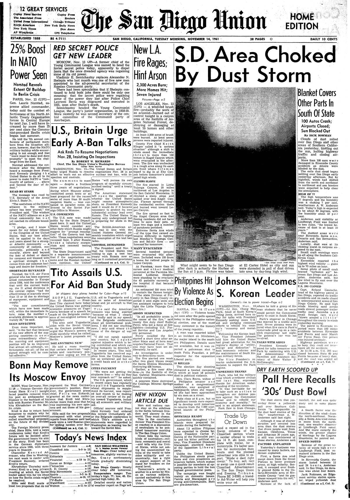 A massive dust storm was reported on the front page of The San Diego Union, Nov. 14, 1961.