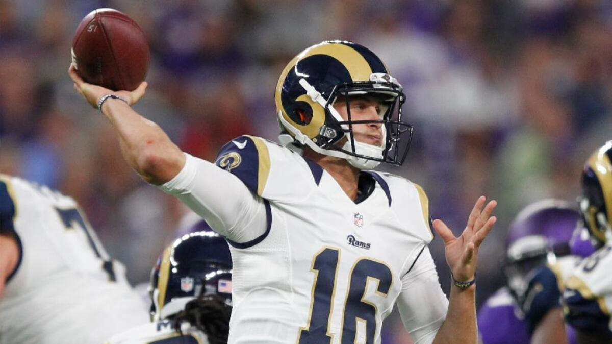 Rams rookie quarterback Jared Goff, shown during an exhibition game in September, will take his first NFL snap on Sunday when he starts against the Dolphins.