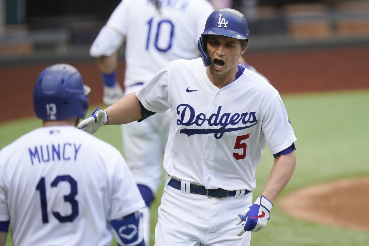 Los Angeles Dodgers' Corey Seager celebrates his home run against the Atlanta Braves.