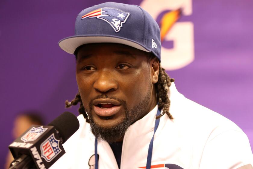 New England Patriots running back LeGarrette Blount speaks Tuesday during Super Bowl Media Day in Phoenix.