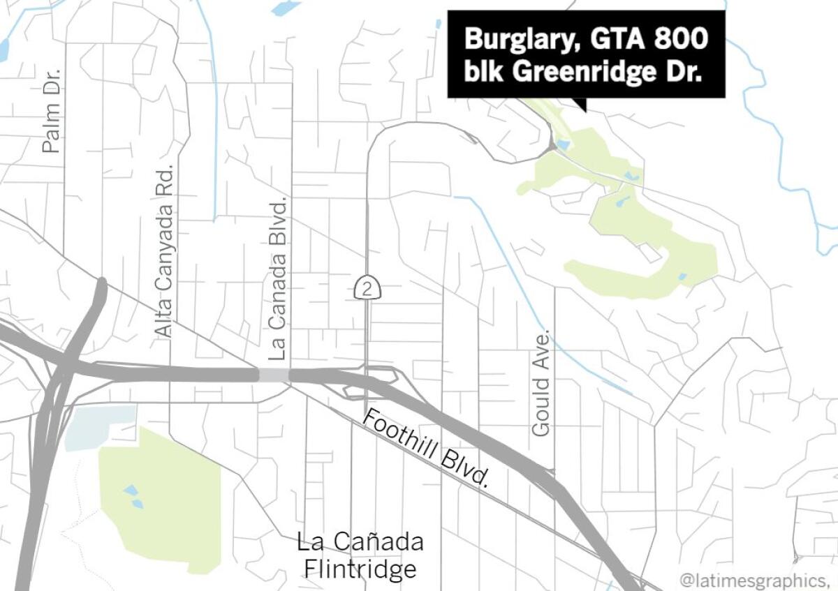 The victims of a residential burglary Sunday on La Cañada’s Greenridge Drive called the Crescenta Valley Sheriff's Station Tuesday to report a second incident —their vehicle had been stolen.