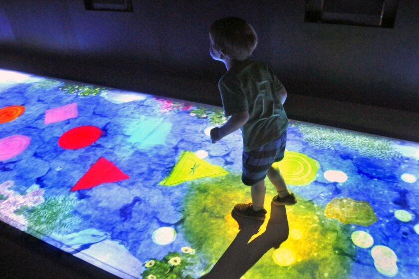 A youngster plays Hopscotch for Geniuses, which interacts by the color spreading out when landed on. It's part of Bowers Kidseum's exhibit titled "Future Park: Art + Technology" in Santa Ana.